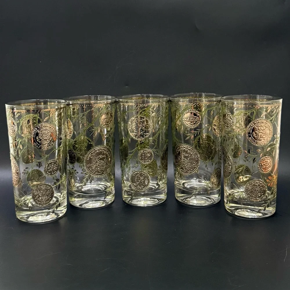 Lot of 5 Vintage MCM MidMod CULVER Midas 22K Gold American Coin Leaves Highball